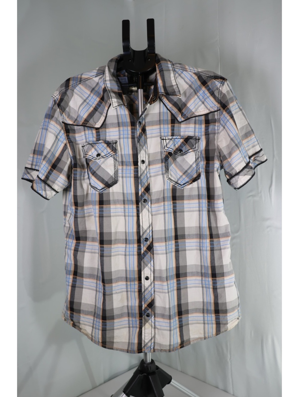 BKE Men's Athletic Fit Short Sleeve Plaid Button-Up Shirt Blue Orange Grey Black